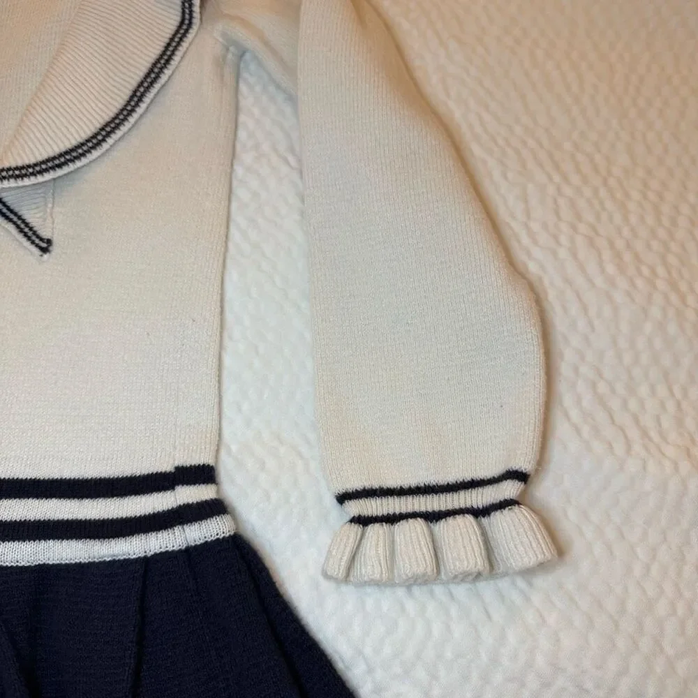 Hope & Henry | Ivory Navy Knit Dress | Ruffle Trim and Mock Neck | Girls 5